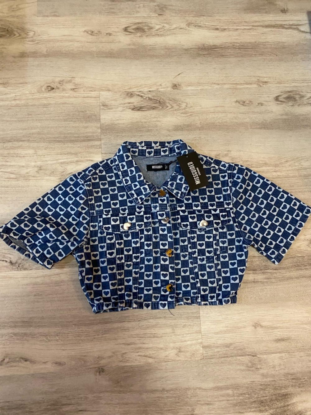 Missguided Blue Heart-Print Cropped Denim Jacket - Picture 6 of 16